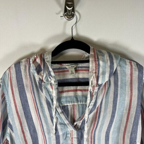LL Bean Hoodie Womens XL‎ Blue Pink White Striped Linen Drawstrings Thin Coastal - Picture 2 of 10